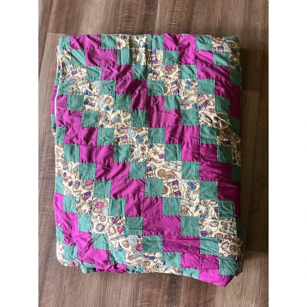 Handmade Patchwork Quilt Queen Multicolor Green Purple Jewelry Print Tied Lap